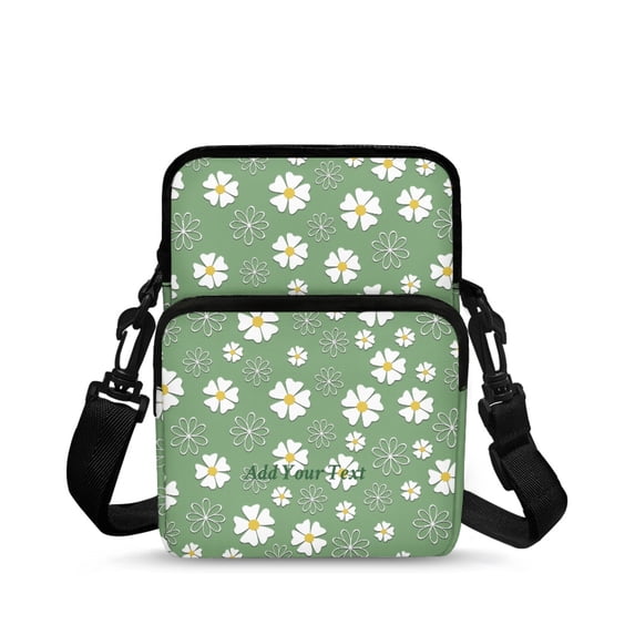 FUIALDOLG Cellphone Crossbody Purse White Daisy Green Pattern Portable Satchel Bags for Running, Polyester 2 Layer Crossbody Bag