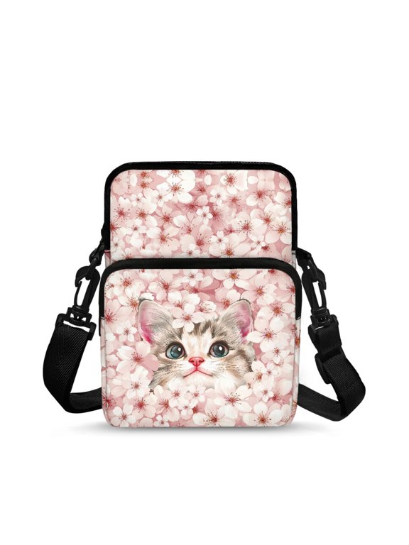 Cherry Blossom Cat Crossbody Bag, Lightweight Polyester Zipper Sling Purse for Outdoor Travel and Daily Running