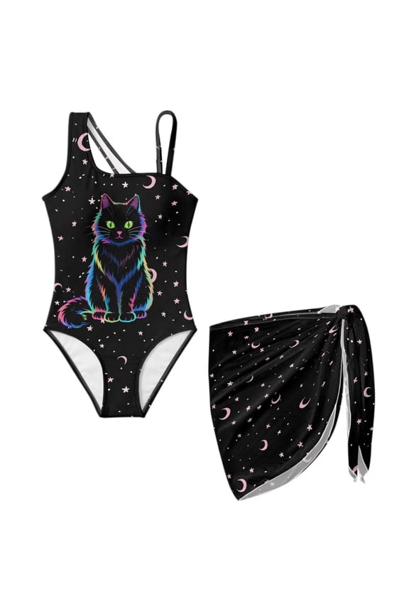 Child Swimwear Black Cat Swimwear with Beach Sarong Wrap Skirts Princess Girl One Piece Swimsuit Cover Up Skirt Summer Spring Break Outfits Teen Girl Beach Outfits,7-8Y