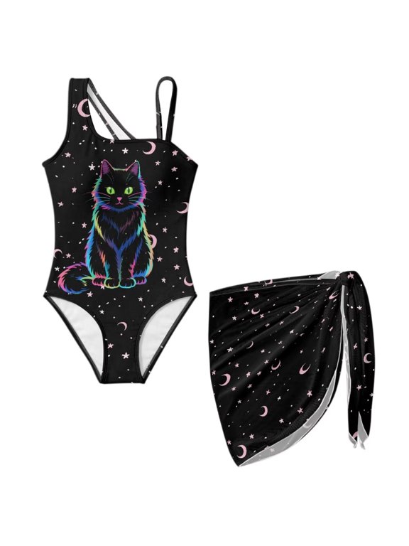 Child Swimwear Black Cat Swimwear with Beach Sarong Wrap Skirts Princess Girl One Piece Swimsuit Cover Up Skirt Summer Spring Break Outfits Teen Girl Beach Outfits,7-8Y