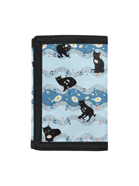 Children's Wallet Black Cat Music Daisy Theme Compact Coin Organizer for Sports, Elastic Polyester Zipper Toddler Boys Trifold Wallet