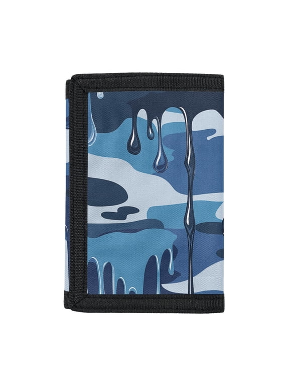 Children's Wallet Blue Dripping Camo Print Slim Trifold Card Wallet for Sports, Polyester Lightweight Kids Trifold Wallet