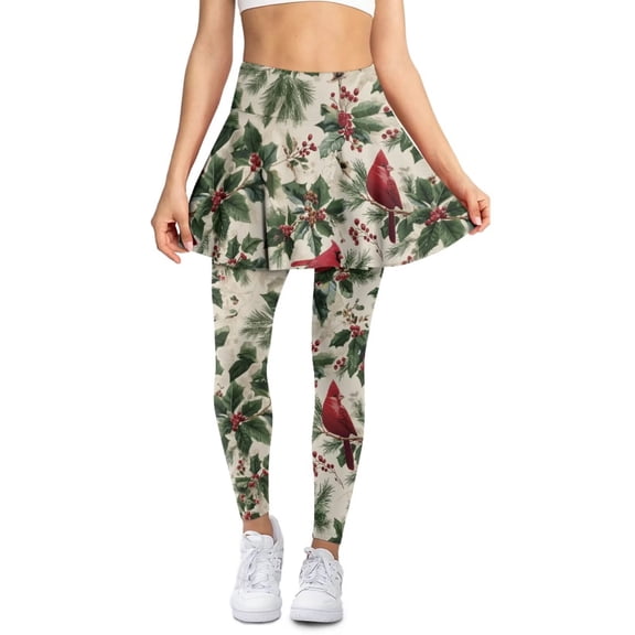 FUIALDOLG Christmas Cardinal Birds Athletic Skirt with Leggings for Women Tennis Golf Skorts Quick Dry Lady High Waist Yoga Pants Full Length Trousers,Size 2XL