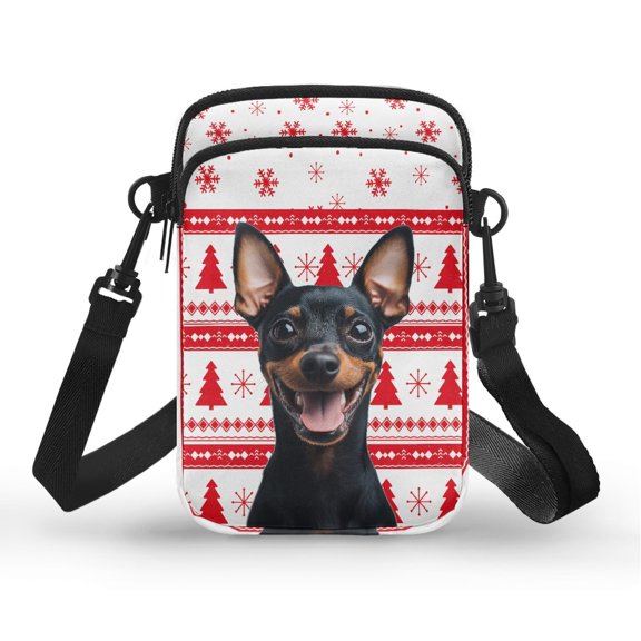 FUIALDOLG Christmas Cellphone Crossbody Bags with Min Pin Dog Pattern, Lightweight Portable Polyester Purse for Travel Running and Casual Daily Use