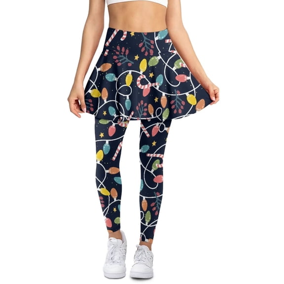 FUIALDOLG Christmas Colorful Lights Womens Leggings With Skirt Xmas Costume Soft Elastic Tennis Golf Skirted Pants High Waist Tummy Control Tight Athletic Leggings,Size XS