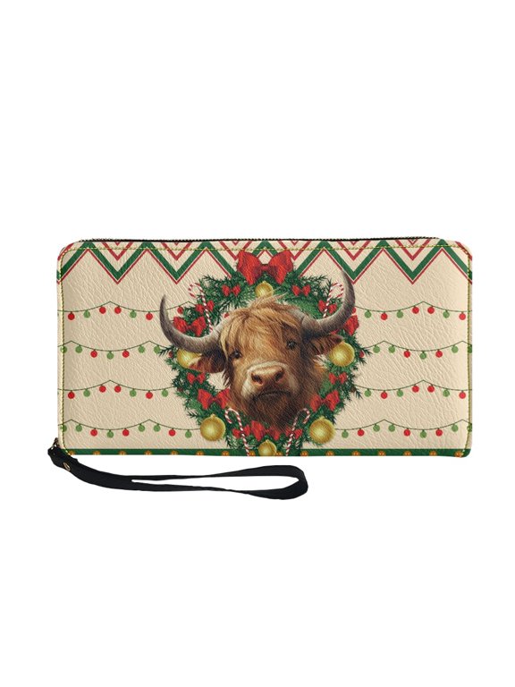Christmas Highland Cattle Long Wallet for Travel Dating, Zip Around Women's Wallets PU Leather Zipper Long Purse
