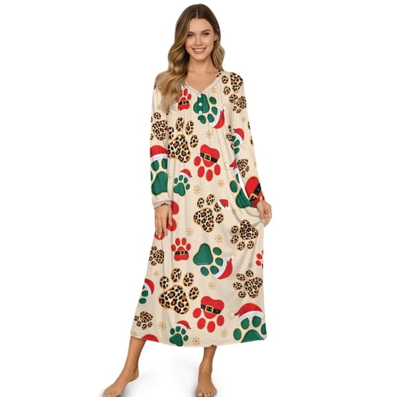 FUIALDOLG Christmas Leopard Paws Print Nightgowns for Women Long Sleeves Nightgown Soft Sleepwear Button V Neck Sleepshirt Long Nightgown for Pajama Party, XL