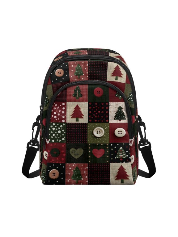 Christmas Patchwork Print Small Crossbody Wallet, Card Slots Polyester Sling Bag for Work Shopping, Adjustable Strap Small Crossbody Purse