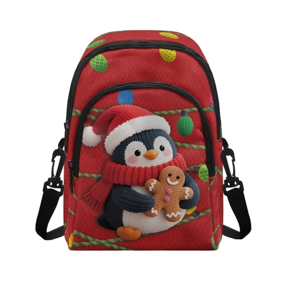 FUIALDOLG Christmas Penguin Print Small Crossbody Wallet for Hiking Shopping, 2 Zipper Pockets Chest Bag Polyester Adjustable Strap Sling Bag