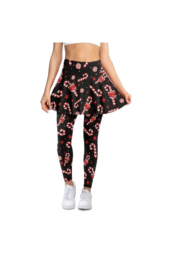 Christmas Red Candy Cane Skirt with Leggings for Women Christmas Costume Skirted Capri Tennis Leggings Lady High Waisted Winter Yoga Pants,Size L
