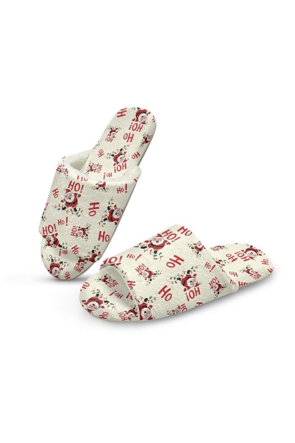 Christmas Santa Print Winter House Slippers for Women Men, Lightweight Fabric Casual Cotton Slide, Non-Slip Open Toe Home Shoes, Indoor and Outdoor, Size 9-10