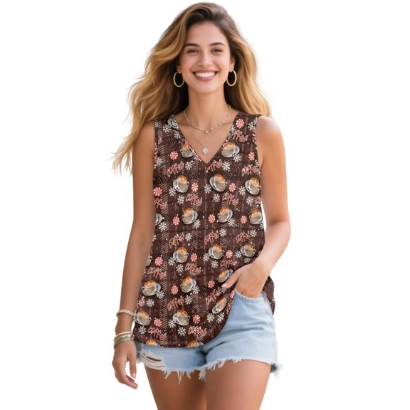 FUIALDOLG Christmas Snowflake Coffee Tank Tops Womens Sleeveless T-shirt Loose Fit Casual V Neck Sleeveless Shirts Basic Blouse Workout Golf Shirt Lady Pleated Tunic Top Streetwear Xmas Costume,L