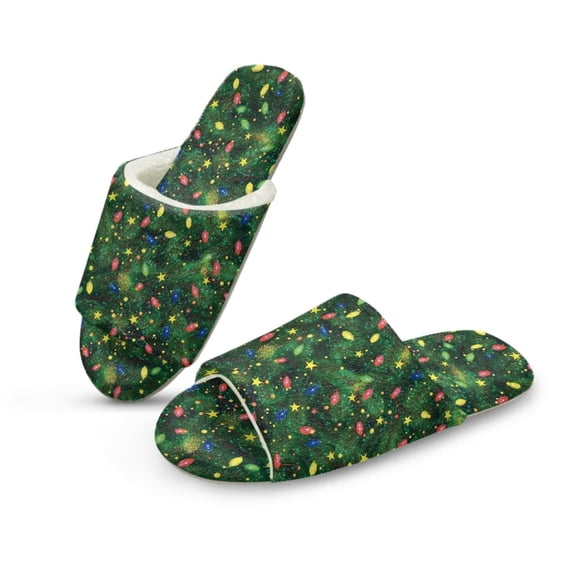 FUIALDOLG Christmas Tree Lights Print House Slippers for Women Lightweight Indoor Slippers Open Toe Slip On Bedroom Shoes with Memory Foam, Size 4.5-5.5