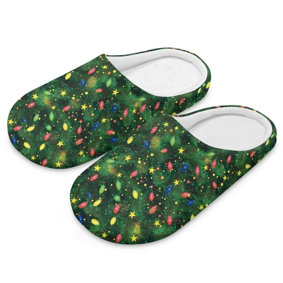 FUIALDOLG Christmas Tree Lights Print House Slippers for Women Men, Lightweight Fabric Casual Cotton Slide, Warm Closed Toe Home Shoes for Winter Indoor and Outdoor, Size 9-10