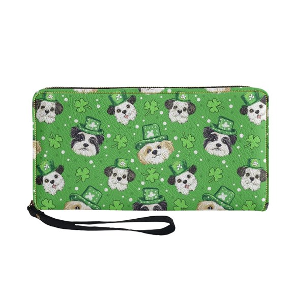FUIALDOLG Clover Shih Tzu Pattern Long Wallet with Zipper Zip Around Women's Wallets for Travel, PU Leather Long Purse for Shopping