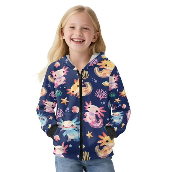 FUIALDOLG Color Axolotl Ocean Print Full Zip Hoodie Girls Oversized Casual Long Sleeve Sweatshirts for Girls Cute Jackets with Pockets, Size XL