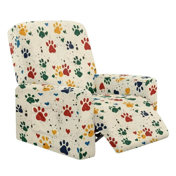 FUIALDOLG Color Dog Paw Pattern Chair Cover for Recliner 4-Pieces Stretch Slipcover Set Washable Reclining with Storage Pockets Furniture Protector for Home Decor