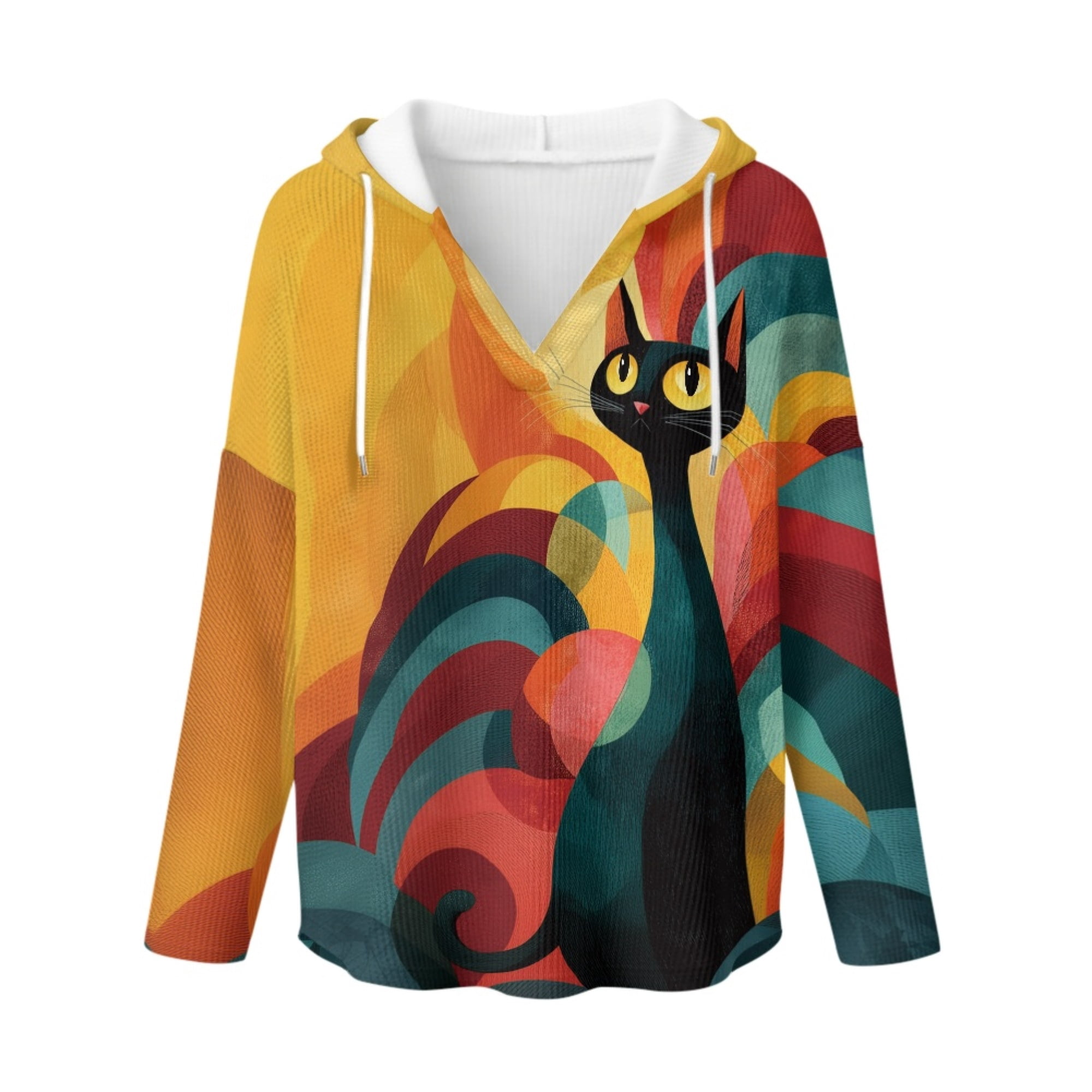FUIALDOLG Colorful Abstract Cat V Neck Hoodies, Imitation Waffle ...