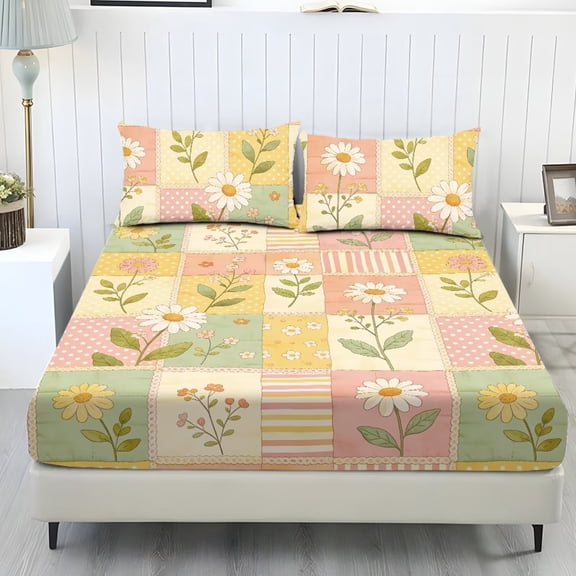 FUIALDOLG Colorful Flowers Fitted Sheet Set 3 Piece Soft Comfort Bed Sheet Queen Bedding Cover Set for Women Men Include 1 Fitted Sheet,2 Pillowcase,Twin