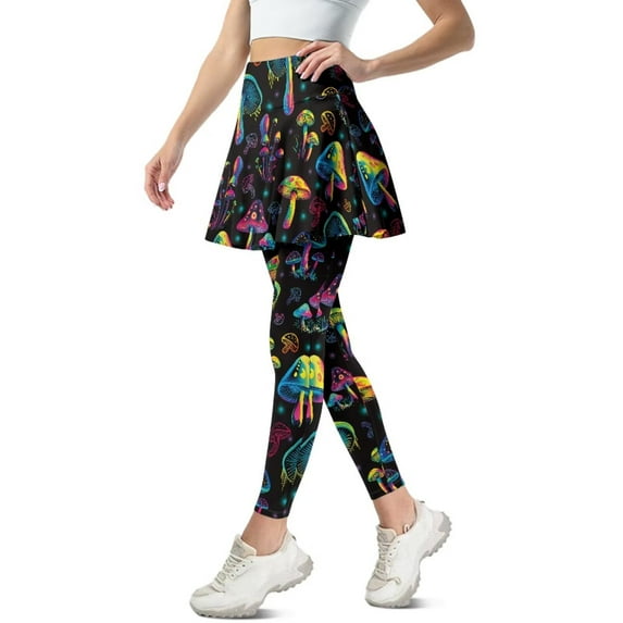 FUIALDOLG Colorful Hippie Mushroom Skirted Leggings for Women Lady Tennis Leggings with Skirts Golf Pickleball Pants Gym Workout Athletic Clothes with Pockets,Size 3XL