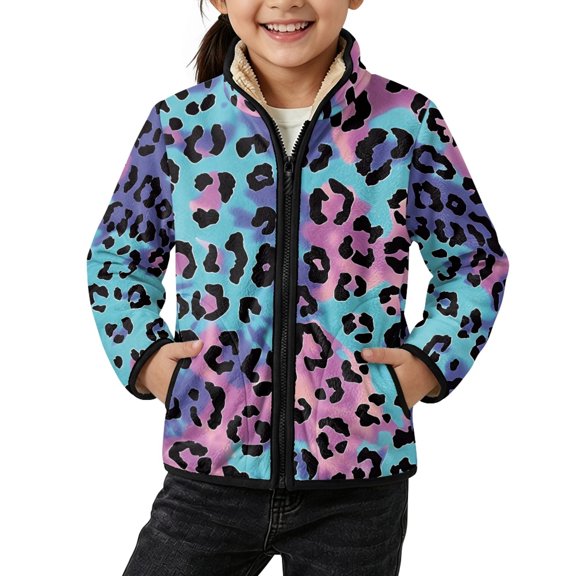 FUIALDOLG Colorful Leopard Print Kids Teens Zip Up Outerwear Soft Machine Washable Toddler Polar Fleece Jacket for Winter Fall, Polyester Zip up Fleece Jacket