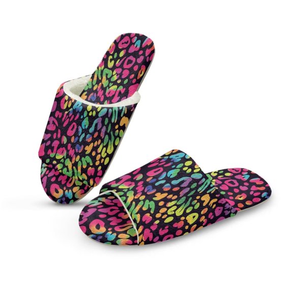 FUIALDOLG Colorful Leopard Print Winter House Slippers for Women Men, Lightweight Fabric Casual Cotton Slide, Non-Slip Open Toe Home Shoes, Indoor and Outdoor, Size 12-13