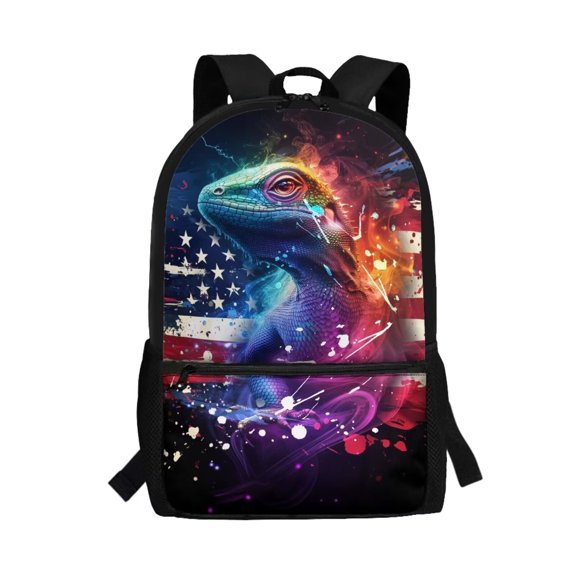FUIALDOLG Colorful Lizard School Bag for Boy Girl US Flag Lizard Print Backpack with Adjust Shoulder Strap,Middle High School Bookbag,17 Inch Laptop Bag for Teenager,College Students