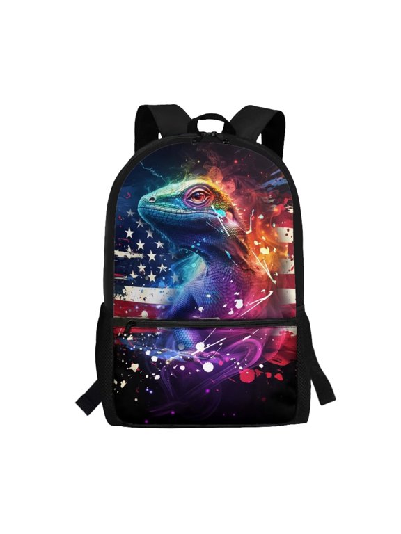 Colorful Lizard School Bag for Boy Girl US Flag Lizard Print Backpack with Adjust Shoulder Strap,Middle High School Bookbag,17 Inch Laptop Bag for Teenager,College Students