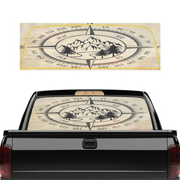 FUIALDOLG Compass Mountain Rear Window Decals for Trucks 66"x22" Perforated Back Window Decal Wrap Universal Fit Pickup SUV
