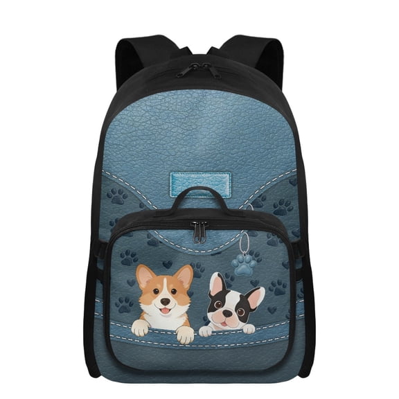 FUIALDOLG Corgi Bulldog School Backpack for Girls 8-10,17 Inch Bookbag Front Pocket Knapsack Zippered School Bags with Insulated Lunch Box Attached 2 in 1