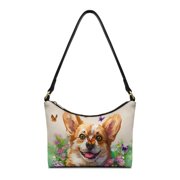 FUIALDOLG Corgi Dog Floral Print Crescent Hobo Purse Tote Bag, Sturdy Shoulder Purse for Mom PU Leather Zipper Closure Underarm Sling Bag for Travel Shopping