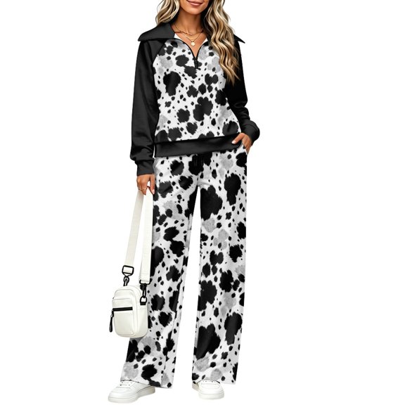 FUIALDOLG Cowhide Spots Print Wide Leg Sweatpants, Two Piece Half Zip Lounge Sets for Women, Comfort Matching Outfits for Vacation and Outdoor Travel