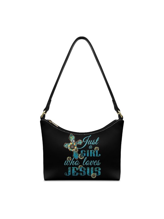 Cross Sunflower Quote Decoration PU Leather Shoulder Handbag for Women, Underarm Bag with Zipper Closure Underarm Sling Bag for Travel