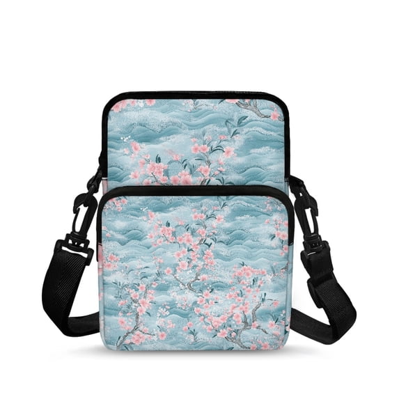 FUIALDOLG Crossbody Bags Pink Cherry Blossom Pattern Zipper Crossbody Purse for Outdoor, Stretch Polyester Front Pocket Shoulder Purse