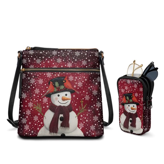 FUIALDOLG Crossbody Bags for Women PU Leather Cross Body Purse with Sunglasses Case 2 Pcs Set Cute Snowman Snowflake Print Zipper Christmas Satchel Waterproof Shoulder Purse