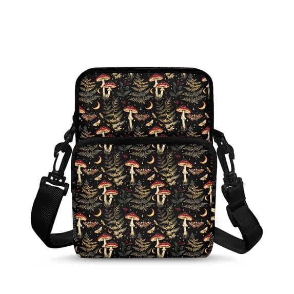FUIALDOLG Crossbody Purse Vintage Mushroom Moon Print Double Layer Crossbody Bag for Running, Polyester with Zipper Crossbody Cell Phone Purse