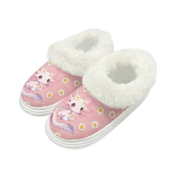 FUIALDOLG Cute Axolotl Daisy Print Womens House Fuzzy Slippers Thick Sole Platform Slippers with Plush Lining Slip on Home Kitchen Shoes, Size 4-5