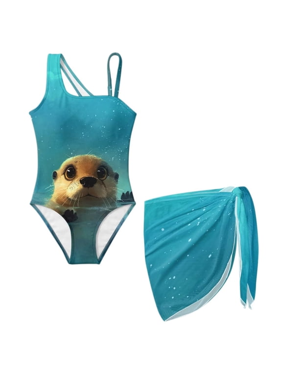 Cute Otter Swimwear with Beach Sarong Wrap Skirts for Girl One Piece Swimsuit Cover Up Skirt Summer Spring Break Outfits Teen Girl Beach Outfits,7-8Y