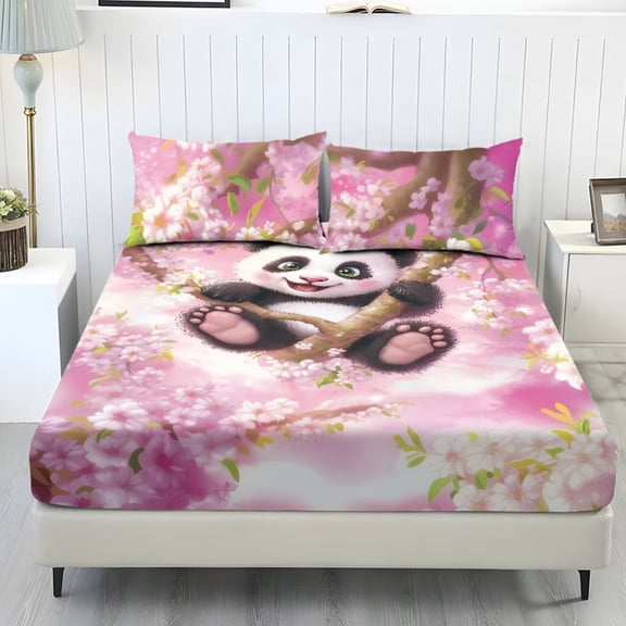 FUIALDOLG Cute Panda Fitted Sheet and Pillowcase Set Comfort Bedsheet Queen Size Cartoon Bedding Set 3 Piece Fit Up to 9.8Inch Deep Pocket,Soft Bedding Cover for Boy Girl,Twin