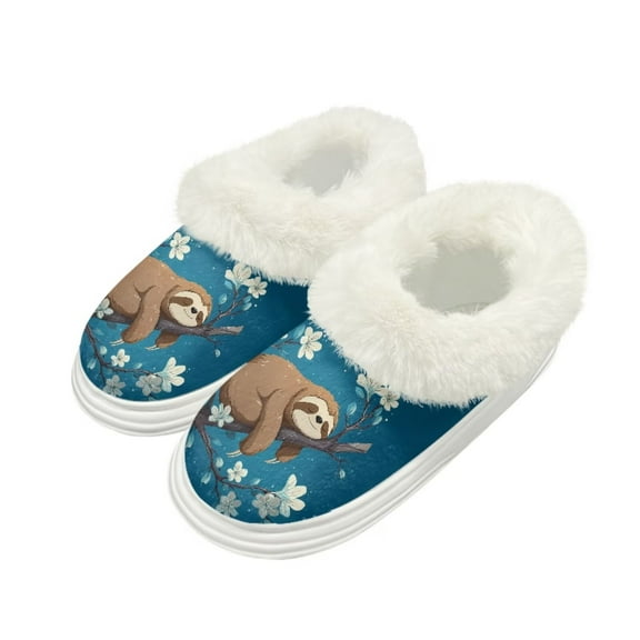 FUIALDOLG Cute Sloth Print Warm House Slippers for Women Comfy Fleece Lined Fuzzy Slippers with Thick Sole for Indoor Outdoor, Size 7-8