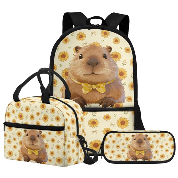 FUIALDOLG Cute Sunflower Capybara Backpack and Lunch Box Set 3 Piece Bookbag for Girls Boys 17 Inch Capybara Backpack Lunch Bag Pencil Case Elementary Middle School Bookbag