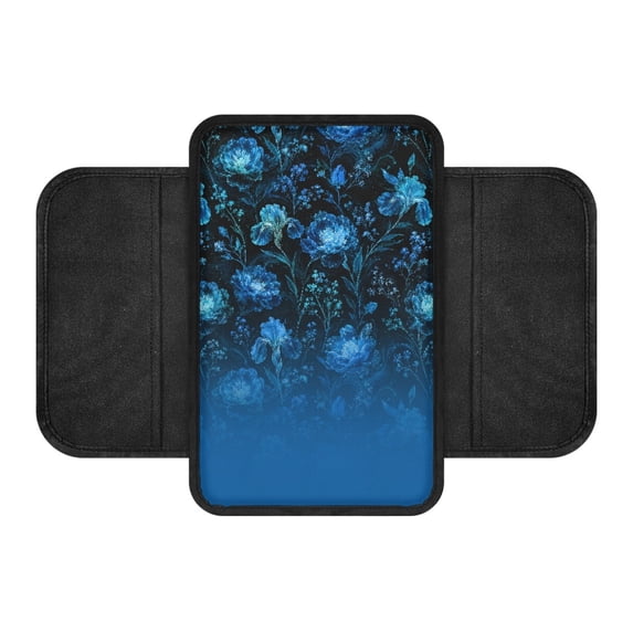 FUIALDOLG Dark Blue Floral Print Car Armrest Cover, Stretch Polyester Handrail Box Cover with Side Pocket for Vehicles Interior