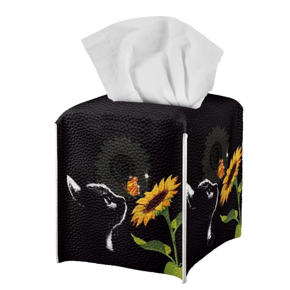 FUIALDOLG Decorative Car Tissue Holder, Black Cat Sunflower Square Tissue Box Cover PU Leather Facial Paper Case Organizer Dispenser for Bathroom, Vanity Countertop, Night Stands, Desk