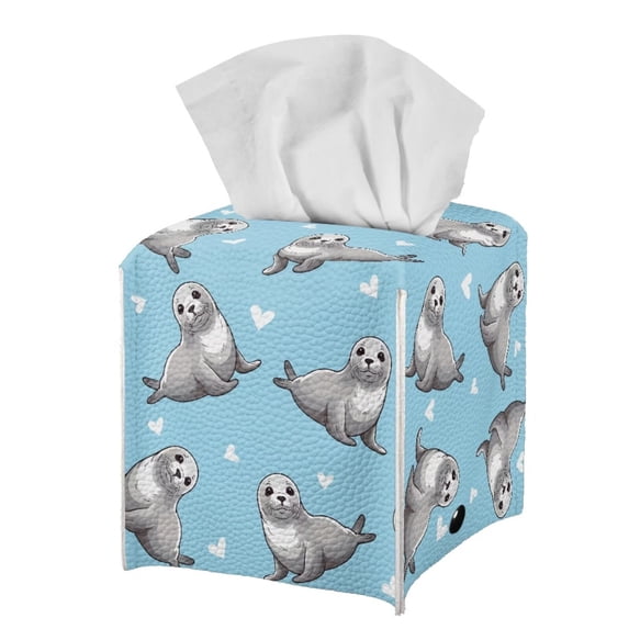 FUIALDOLG Decorative Tissue Box Cover Square - Waterproof PU Leather Tissues Cube Boxes Holder Aesthetic Desk Decor for Room, Home & Office - Cute Seals