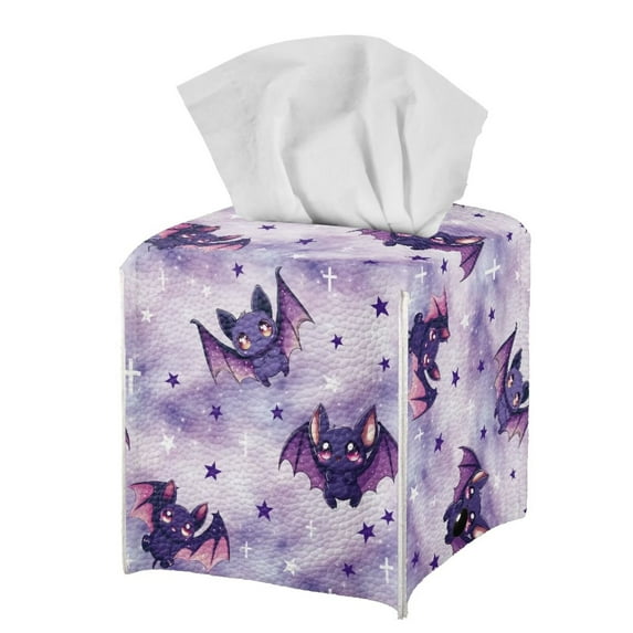 FUIALDOLG Decorative Tissue Box Cover Square - Waterproof PU Leather Tissues Cube Boxes Holder Aesthetic Desk Decor for Room, Home & Office - Purple Cartoon Bats