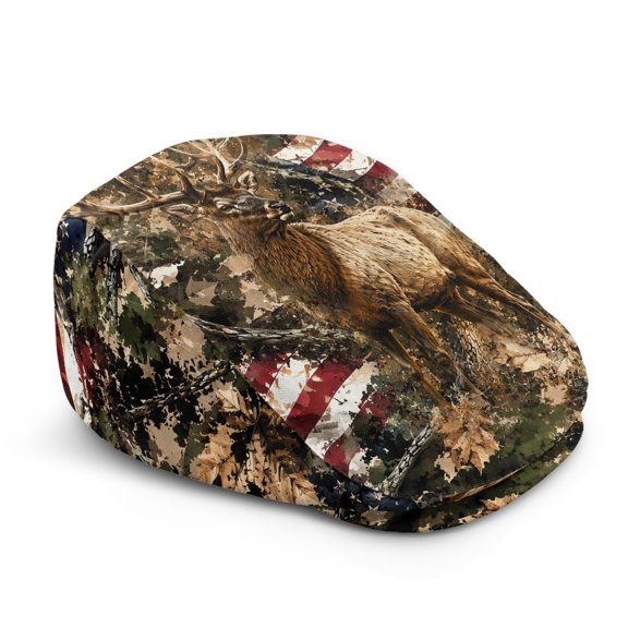 FUIALDOLG Deer Camo Flag Print Polyester Newsboy Hat with Light, Wrinkle-Resistant Adjustable Men Flat Cap for Walking Travel Holiday