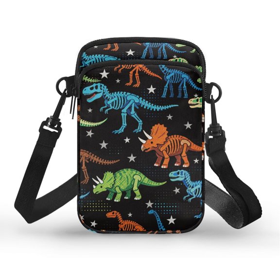 FUIALDOLG Dinosaur Skeleton Cellphone Purse, Polyester 2 Layer Cross Body Side Case with Crossbody Strap for Yoga and Travel
