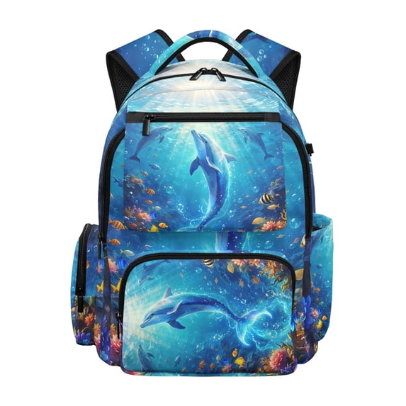 FUIALDOLG Dolphin Ocean Scene Print Multi Pocket School Bookbag with Multi-Pocket Lightweight Book Bag, Portable 17 Inch School Bag for Daily Use Primary School