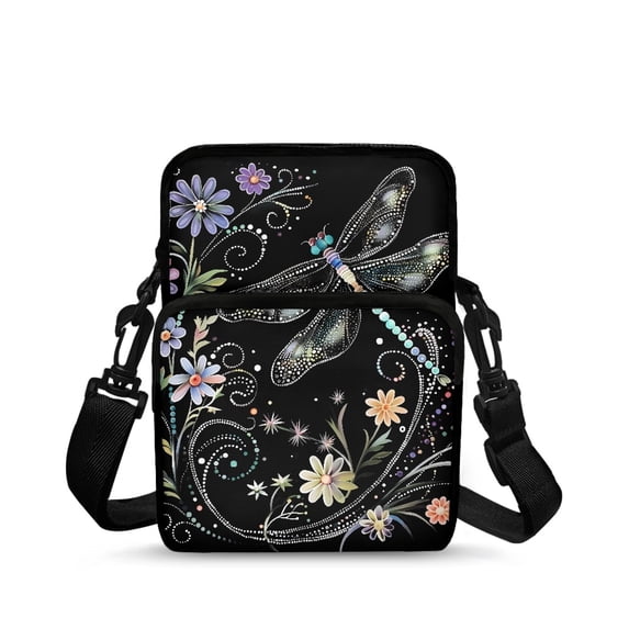 FUIALDOLG Dragonfly Floral Crossbody Shoulder Bag, Polyester Zipper Purse for Women Girls, Adjustable Crossbody Cell Phone Bag for Travel Sport