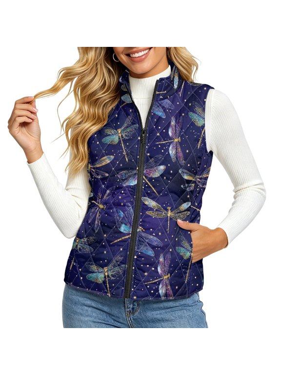 Dragonfly Pattern Zipper Up Quilted jacket vest for Women, Polyester Women's Quilted Vest Lightweight Womens Quilted Vests for Winter Running